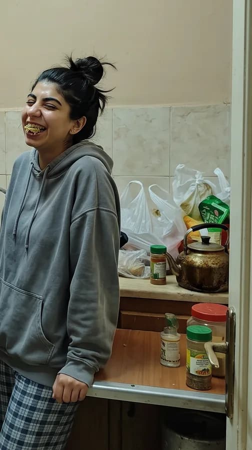 She leans on the kitchen counter laughing with her mouth full